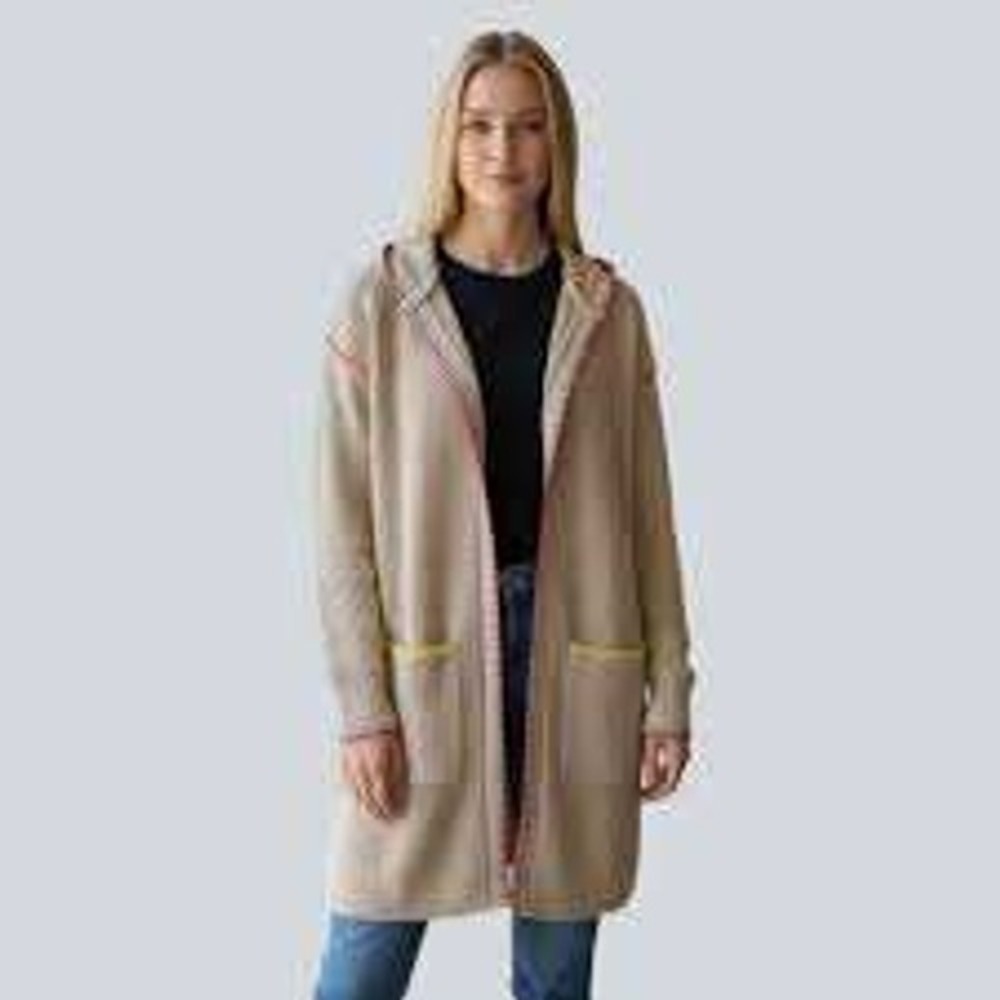 Kerri Rosenthal Cardigan Women XL Beige Neon Stitch Hooded Open Front Sweater